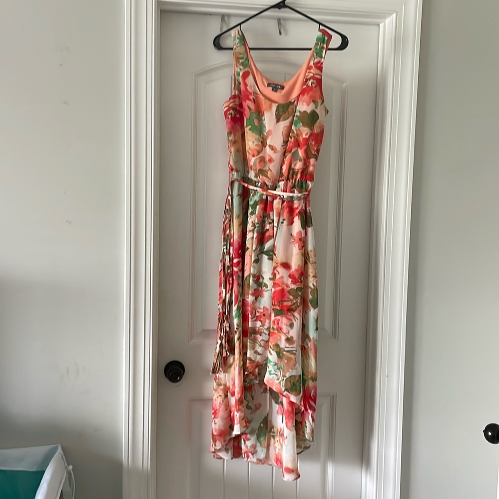 Roz & Ali Coral Floral Midi Dress with Green Accents